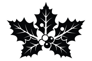 Black and White Holly Berry Illustration with Five Leaves and Berries Arrangement