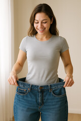 Young woman smiling while wearing oversized jeans after weight loss, symbolizing successful fitness transformation