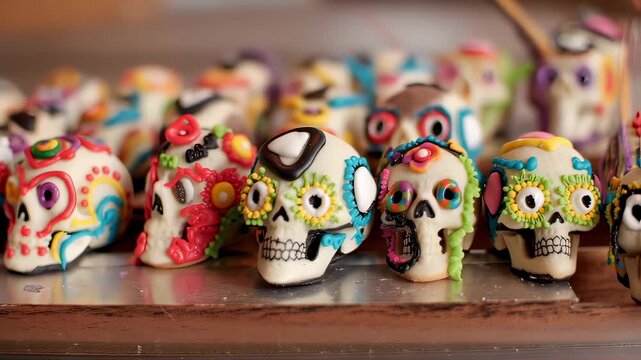 Colorful sugar skulls arranged on a wooden surface, decorated with intricate patterns and vibrant colors, symbolizing the Day of the Dead celebration.