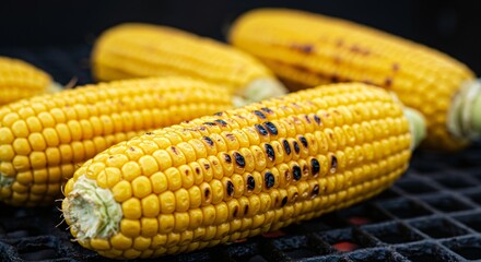 Grilled yellow corn cobs on a barbecue grill, cooking food outdoors. Fresh healthy snack food for summer party. Homemade farm fresh vegetable.