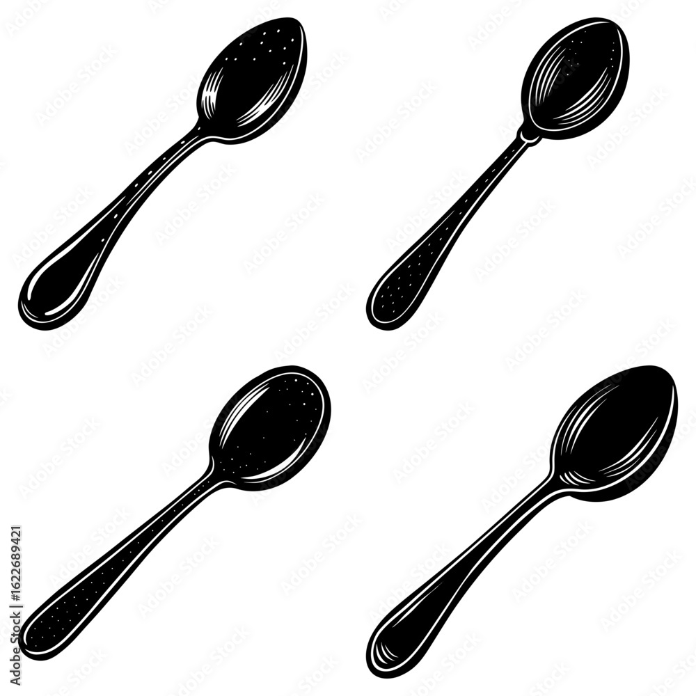 Poster four black and white spoons arranged in a pattern with varying textures and light reflections presen