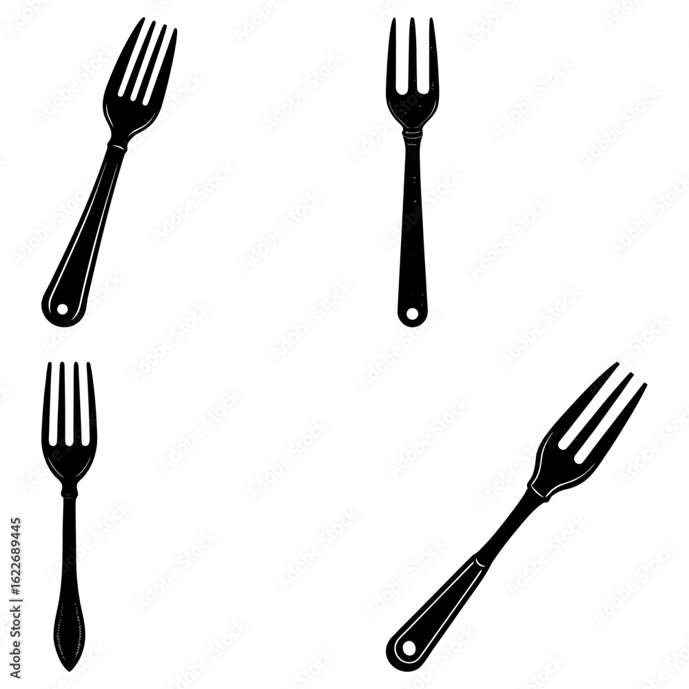 Poster four black forks in different orientations on a white background create a simple, elegant design ele