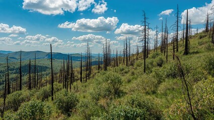 Obraz premium Trees regrowing on a hillside post-fire