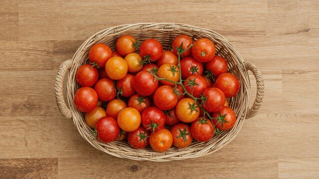 Basket filled with red and yellow cherry tomatoes on a rustic wooden surface, evoking summer and nature themes