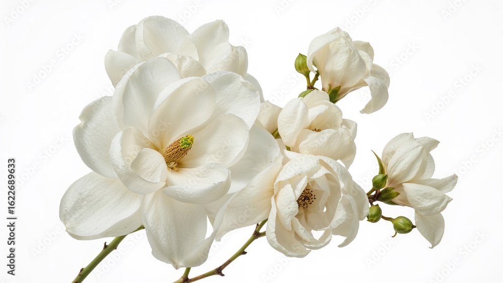 Poster isolated magnolia and hydrangea blooms on a white backdrop with space for your message or image.