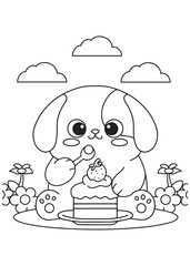 Coloring book puppy eating cake with spoon.