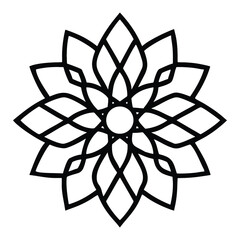 Symmetrical geometric flower mandala, black line art icon