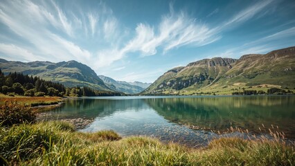 Natural beauty of a grassy landscape with lake and clear sky in summertime