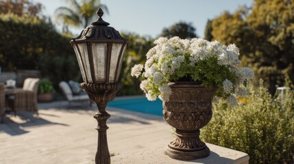 Elegant garden setting featuring a vintage lamp post and ornate floral urn