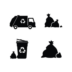 Recycling and waste management vector illustration. Garbage truck, trash bins, and bags, sanitation, and environment symbols.