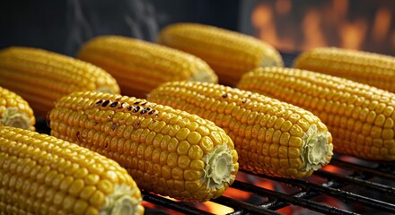 Grilled yellow corn cobs on a barbecue grill, cooking food outdoors. Fresh healthy snack food for summer party. Homemade farm fresh vegetable.