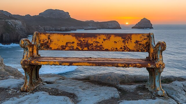 Rusty bench overlooking the ocean at sunset.