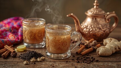 Aromatic masala chai presented in vintage cups with a tea kettle, spices, and tea leaves