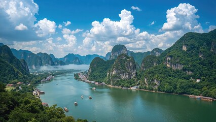 Natural landscape featuring a river bordered by unique Karst mountains