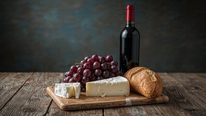 Wooden backdrop with an assortment of bread, cheese, grapes, and wine