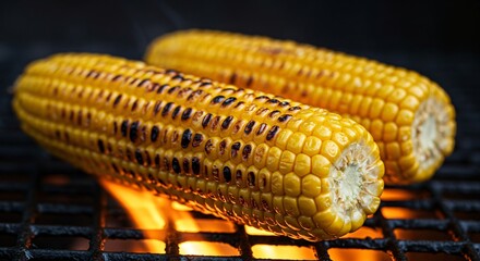 Grilled yellow corn cobs on a barbecue grill, cooking food outdoors. Fresh healthy snack food for summer party. Homemade farm fresh vegetable.