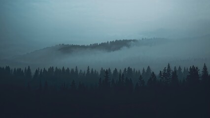 Majestic Woodland Cloaked in Eerie Fog Beneath a Pale Predawn Sky