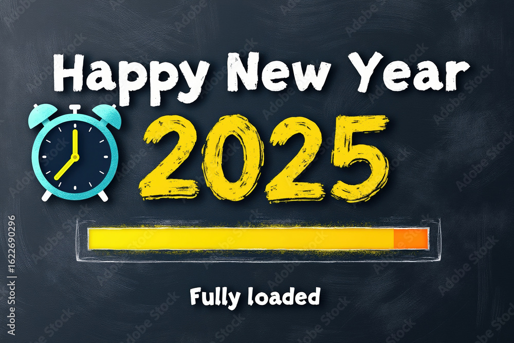 Poster anticipating the new year 2025 a countdown with clock and loading bar symbolizing progress and full 