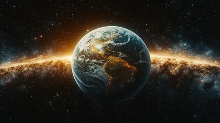 Obraz premium Earth in cosmos, golden light, celestial backdrop