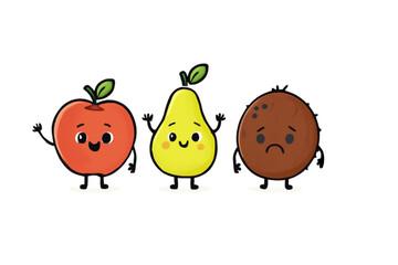 Obraz premium Cute cartoon fruits smiling and frowning on white background 