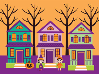 Fototapeta premium Full Halloween Village Scene with Decorated Houses, Pumpkins, Trick-or-Treat Kids, and Spooky Trees – Vibrant 4:3 Vector Illustration
