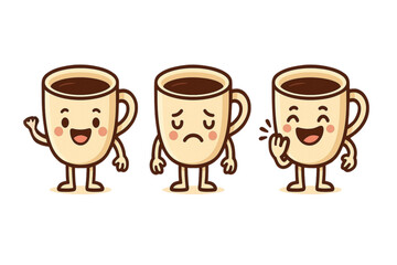 Cartoon coffee cups showing different emotions and expressions  