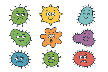 Cartoon germs with various emotions and expressions on white background  