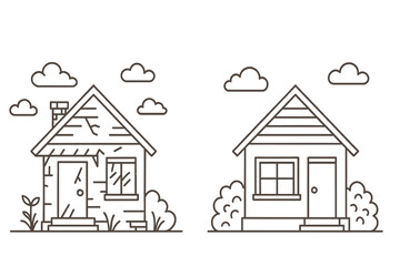 Two simple line drawings of houses with clouds in the background  