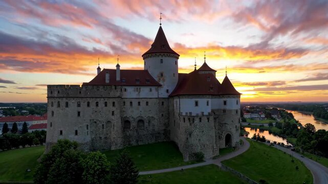 Panoramic view of the ancient castle at sunset Beautiful sunset view of the castle