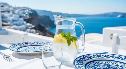 Refreshing lemonade in Santorini with sea view. Perfect for travel blogs, summer promotions, or Mediterranean restaurant menus. Evokes Greek island vibes.