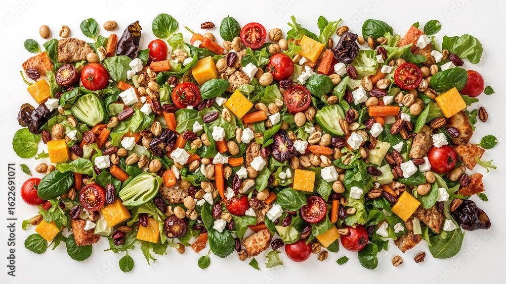 Poster assortment of various salads displayed from above on a white backdrop. flat lay.