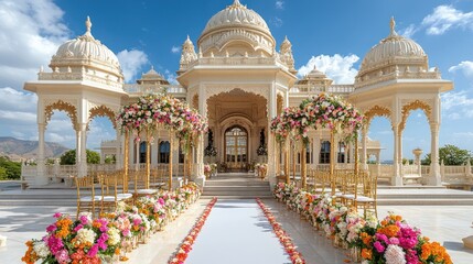 Elegant wedding venue with ornate beige architecture and vibrant floral arrangements