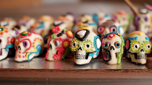 Colorful sugar skulls arranged on a wooden surface. Each skull is decorated with vibrant patterns and flowers, symbolizing the Day of the Dead celebration.