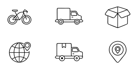 Delivery icons featuring bike, truck, globe, and package in outline style  