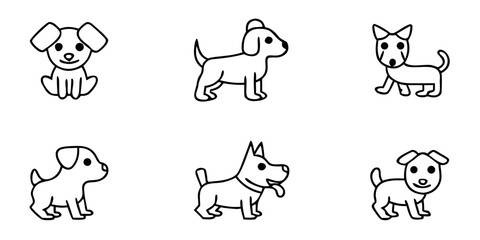Cute cartoon dogs in various poses and expressions in line art  