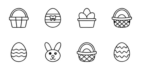 Easter eggs and baskets illustrated in simple line art style  
