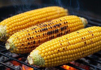 Grilled yellow corn cobs on a barbecue grill, cooking food outdoors. Fresh healthy snack food for summer party. Homemade farm fresh vegetable.