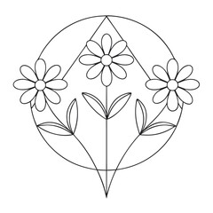 Floral line art design featuring three daisies in circular pattern  