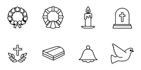 Symbols of mourning including wreath, candle, and cross  