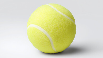 A bright yellow tennis ball with a fuzzy felt surface rests in sharp focus, its texture catching the light to highlight the energy and precision of the game..