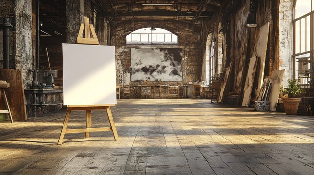 Empty blank canvas on easel in sunlit industrial art studio
