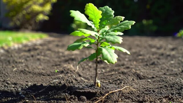 Young oak tree sapling growing in the soil in a garden environment