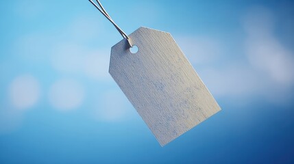 Vintage paper tag floating in blue space with abstract texture, minimalist design concept.