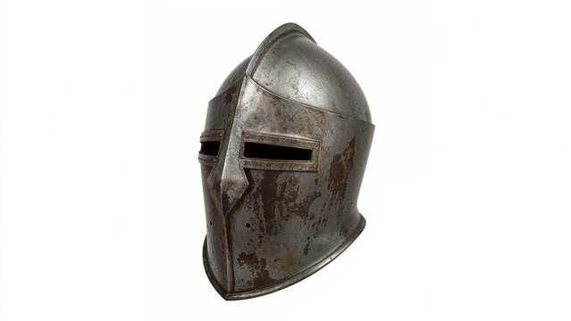 Old-fashioned knight's Bacinet helmet with a lowered visor on a light background