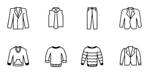 Clothing icons in black and white line art style  