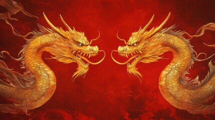 Two golden dragons face each other on a red background.