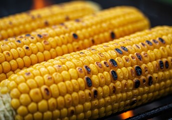 Grilled yellow corn cobs on a barbecue grill, cooking food outdoors. Fresh healthy snack food for summer party. Homemade farm fresh vegetable.