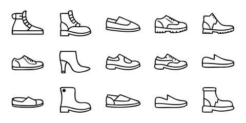Collection of various shoe styles in minimalist line art design  