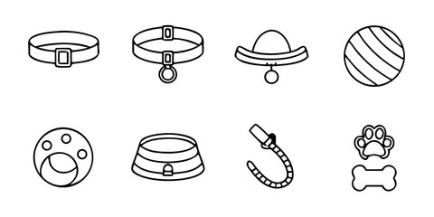 Pet accessories outline icons including collars, bowls, and toys  