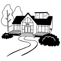 Spa building with pathway and trees in minimalist line art style  